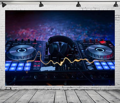 CORFOTO 12x8ft Fabric Dj Mixer with Headphones Backdrop Photography Dj Sound Equipment in Dark Background Musical Dance Disco Party Decorations Live Concert Stage Photoshoot Booth Studio Props