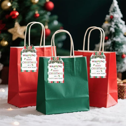 60Pcs Merry Christmas Tags with String, 3.3x2.1 Inch Buffalo Plaid Holiday Gift Tags, Xmas Happy New Year Tag with Holly for Winter Party Candy Bag Envelope Presents Gift Favor