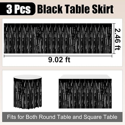 3 Pack 29 x108 Inch Black Foil Fringe Table Skirts Metallic Banner for Tinsel Streamer Garland Backdrop for Parade Floats Wedding Thanksgiving Birthday Christmas Halloween New Year Party Decoration