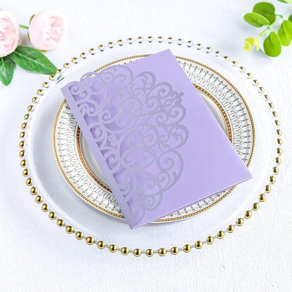 ponatia 20PCS Lilac Quinceanera Invitation Cards, Tri-Fold Laser Cut Wedding Invitations Pockets with Envelopes for 5x7 Wedding Invitation Crads, XV Anos, Baby Shower Party Invite