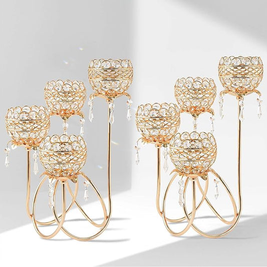 4 Arms Crystal Candelabra Tealight Holder - Tall 15.7 Inch Elegant Centerpiece with Crystal Pendant Bowls & Artistic Metal Stand for Wedding, Dining Table, Home Decor (2, Gold)