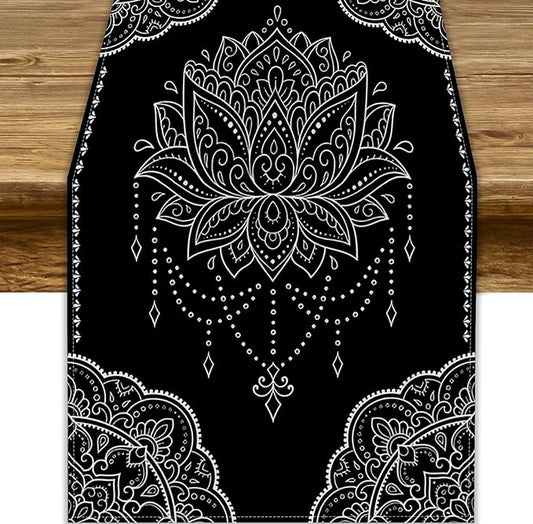 Lotus Flower Table Runner, Bohemian Ethnic Oriental Mandala Black White Floral Print Table Runner for Home Kitchen Dining Indoor Outdoor Dinner Party Decor, 13x60inch