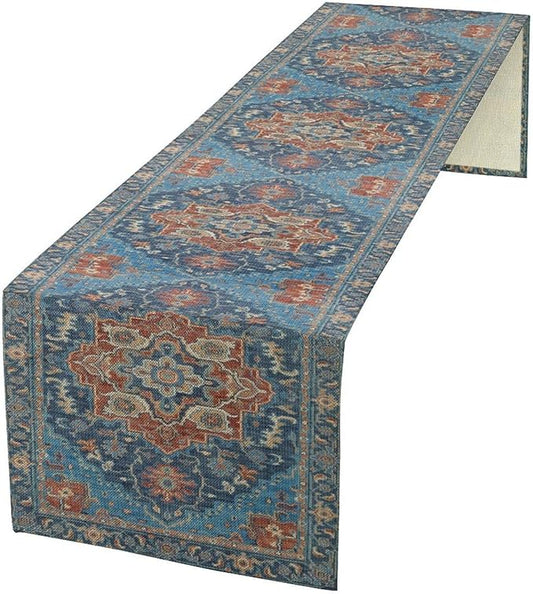 Boho Floral Vintage Table Runner, Retro Abstract Blue Flower Rustic Country Farmhouse Pattern for Home Kitchen Table Decor Dining Coffee Room Party Decor 13x60in