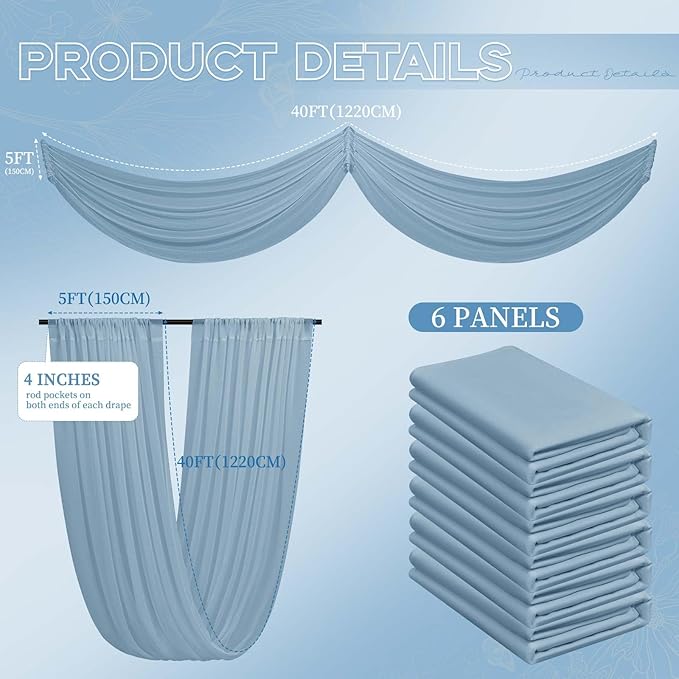 6 Panels Dusty Blue Ceiling Drapes for Wedding 5ftx40ft Ceiling Drapes Wedding Arch Draping Fabric Cheesecloth Sheer Curtain Romantic Ceiling Decorations for Weddings Party Banquet Ceremony Stage