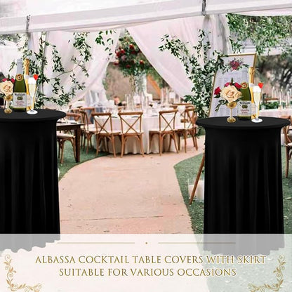Albassa 2 Pack Cocktail Table Covers 32"x 43" Spandex Stretch Round Cocktail Tablecloths with Wavy Drapes Fitted High Top Bar Table Skirt for Wedding Party Banquet (Black, 2 PCS)