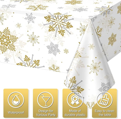 Jectivs 3Pcs Christmas Snowflake Party Tablecloths Decorations,Plastic White and Gold Table Cloth,Winter Rectangle Cover for New Year Birthday Baby Shower Holiday Decorations,54x108 inch