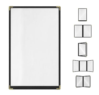 Goodsmart Restaurant Menu Covers – 25 Pack Black 2-View, Top-Loading Menu Holders, Vinyl & Plastic Café Menu Covers, Clear Menu Sleeves, Fits 11" x 17" & 8.5" x 11", Gold Corners