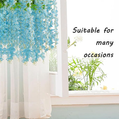 12 Pack Lake Blue Wisteria Hanging Flowers Garland, 3.77 Feet Artificial Flower Vines, Fake Wisteria, Artificial Vines Hanging Garland for Backdrop Outdoor Yard Garden Decor