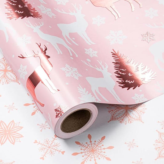LeZakaa Christmas Pink Wrapping Paper Jumbo Roll, Reindeer & Snowflake, Metallic Foil, Rose Gold Foil Reversible Design for Festive Winter Holiday, Family Gathering, 30 inches x 100 Feet