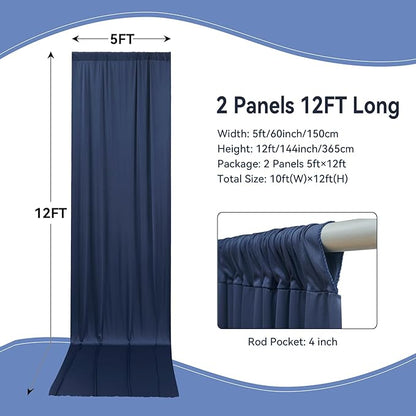 10×12ft Navy Blue Wrinkle Free Backdrop Curtain for Wedding Parties, 2 Panels 5×12ft Long Soft Silky Polyester Backdrop Drapes Photo Back Drop Curtains for Birthday Photography Background Cloth