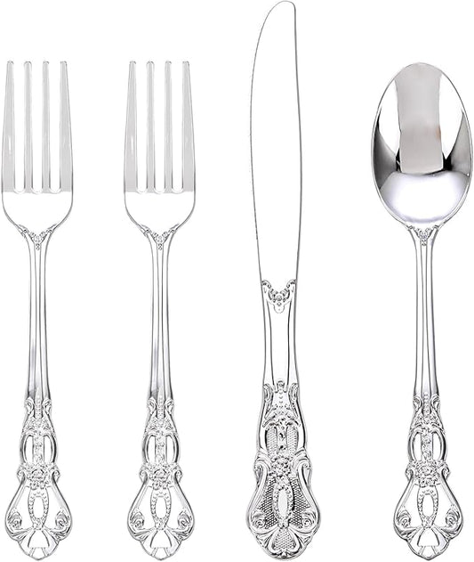 200PCS Silver Plastic Cutlery - Vintage Silver Disposable Silverware - Heavyweight Plastic Utensils with 100 Forks, 50 Knives, 50 Spoons For Catering, Parties, Dinners and Weddings