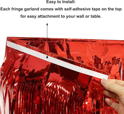 Thick 10 Feet by 15 Inch Red Foil Fringe Garland - Pack of 3 | Shiny Metallic Tinsel Banner for Parade Floats, Bridal Shower, Wedding, Birthday, Christmas | Wall Hanging Drapes (3)