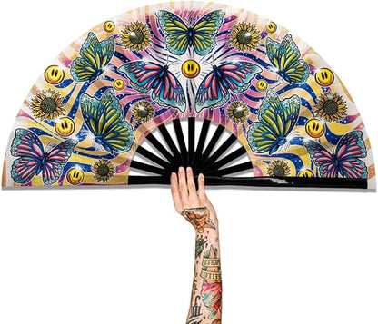 13" Large Rave Fan Bamboo, Folding Clack Hand Fans Foldable for Men Women, Boots on the Ground Poping Fan for EDM Festival Line Dance Decoration, (Butterfly, Large 13")