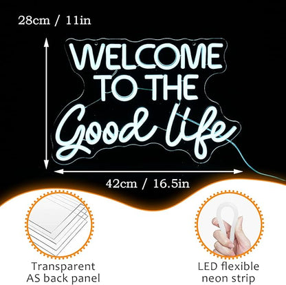 Welcome To The Good Life Neon Sign Letter LED Neon Lights Dimmable USB Powered 16.5’’X11’’Cool Wall Decorative Light Bedroom Kids Room Birthday Party Bar Decoration Gifts for Friend（Ice blue）