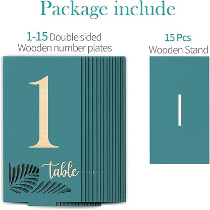 Wooden Table Numbers 1-15,3.2x5.8 Inch Double Sided Rustic Blue Wedding Table Number Signs with Wooden Base,Wedding Centerpieces for Banquet Restaurant Party Decor (Blue, 1-15)