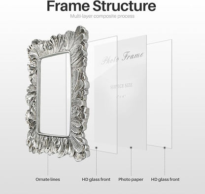 4x6 Silver Picture Frame, Vintage Silver Palm Leaves Textured Hand-Crafted Resin Frames with Glass Front, Elegant Retro Rustic Design Photo Frame for Wall and Tabletop Display Home Decor