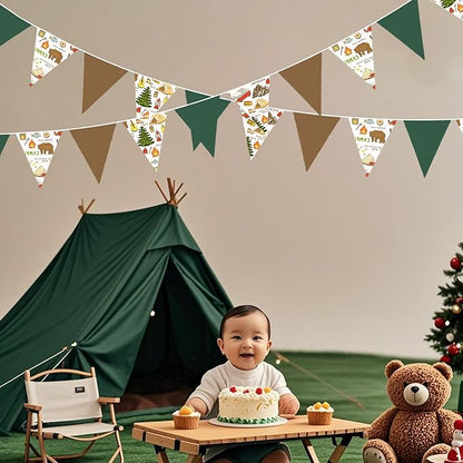 32Ft Camping Party Decorations Green Brown Camper Triangle Flag Fabric Banner Pennant Garland Streamers for Camping Birthday Glamping Baby Shower Campfire Adventure Woodland Travel Party Decor