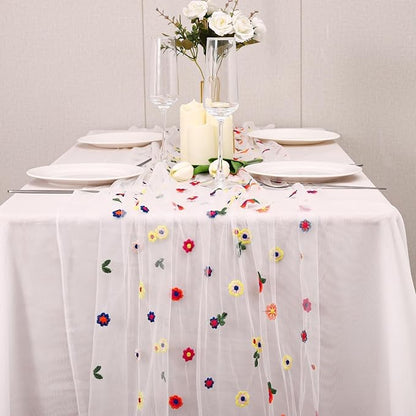 Lvory Floral Table Runner 10 FT, Embroidery Daisy Table Runners Seasonal Sheer Tulle Table Runner for Thanksgiving Wedding Birthday Baby Shower Party ﻿