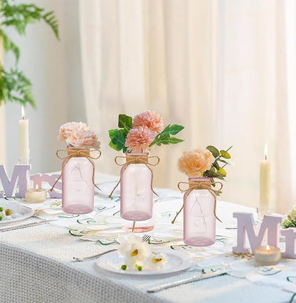 Vintage Glass Flower Vase，12 Pack Pink Farmhouse Glass Centerpiece Vases Mason Jars for Weddings, Parties & Home Decor Bulk (12, Pink)