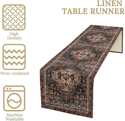 Vintage Boho Floral Table Runner, Rustic Country Farmhouse Black Bohemia Flower Pattern for Home Kitchen Table Decor Dining Coffee Room Party Decor 13x36in