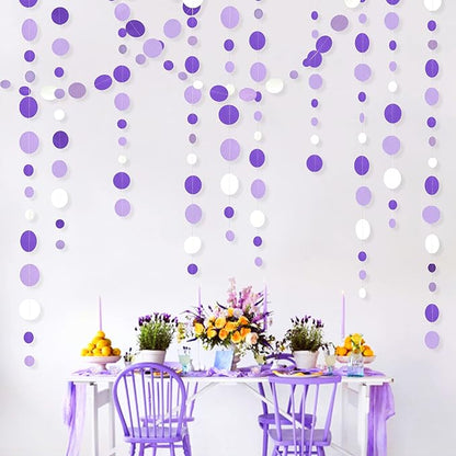 46 Ft Purple and White Circle Dots Garland Lavender Hanging Paper Polka Dot Streamer for Birthday Anniversary Engagement Wedding Baby Bridal Shower Valentine Day Lilac Theme Party Decorations Supplies