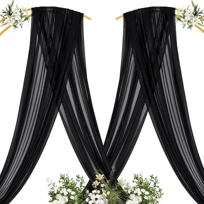 MLMC Black Wedding Arch Draping Fabric 4 Panels 29" x 20 FT Extra Long Gauze Drapes Sheer Backdrop Curtains 6.6 Yards Outdoor Drapery Panels for Wedding Ceremony Party Ceiling Decoration