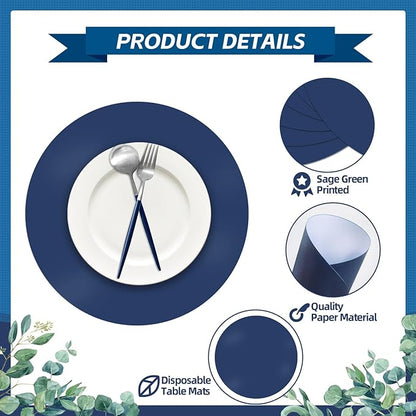 50 Pieces Navy Blue Paper Place Mats Blue Round Disposable Table Mats Decorative Placemats for Wedding Bridal Shower Navy Blue Birthday Party Dining Decor