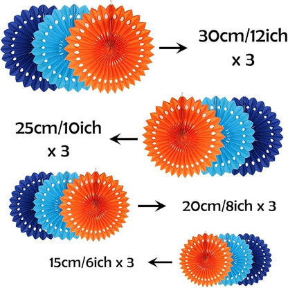 ZOOYOO Hanging Paper Fans Party Decorations,12 Pcs Blue Orange Honeycomb Round Fans,Ceiling Decor for Birthday,Wedding,Graduations,Tea Party Backdrop