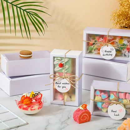 Roowest 50 Sets Kraft Soap Boxes Rectangle Packaging Box with Window Homemade Gift Box with Blank Tags and Jute String for Jewelry Candy Wrapping Party Favor(6.3 x 3.5 x 2 Inch,White)