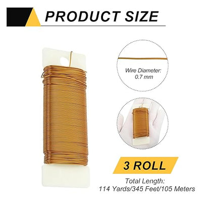 MECCANIXITY 114 Yards/345 Feet Metal Floral Wire 21 Gauge Gold Tone Flexible Paddle Thin Floral Wires for Craft, Christmas Wreath, Flower Arrangement, Wedding, Total 3 Roll