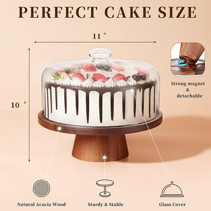 Wooden Cake Stand with Lid, Acacia Cake Stand with Glass Dome, 11-Inch Versatile Dessert Stand with Strong Magnetic Pedestal, Cake Holder for Birthday/Kitchen/Party/Charcuterie