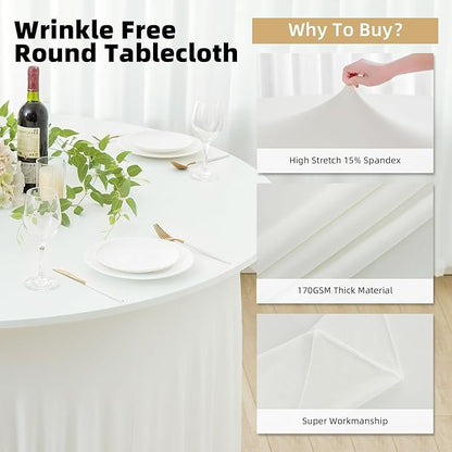2 Pack Ivory Spandex Round Tablecloths for 60 inch Tables, Wrinkle Free Stretchy Fitted 120inch Round Table Covers 5FT with Ruffle Table Skirt for Wedding Party Dining Banquet Dinning