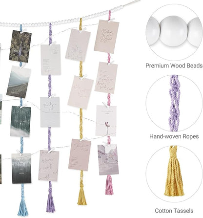 Mkono Macrame Hanging Photo Display Wall Decor with String Lights, Boho Wooden Beads Garland Collage Picture Card Frame Holder with 45 Clips for Bedroom Living Room Dorm, Teen Girls Christmas Gifts