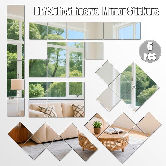 Unbreakable Acylic Small Mirror Tiles for Kids, (6-Pcs 8x8 Inch) Plastic Mirrors for Wall, Stick on Mirrors for Small Decorative Mirror, Shatterproof Peel and Stick on Miroir Tiles for Wall Decor