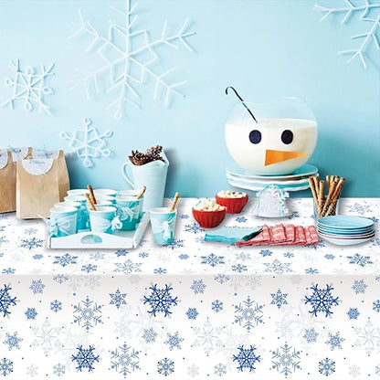 1 Pieces Snowflake Christmas Party Tablecloth Decorations,Plastic White Snowflake White Blue Xmas Backdrop Sign Table Cover Banner for Winter Christmas Holiday Party Supplies,54x108 inch（White/Blue）
