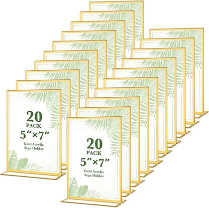 20 Pack Gold Acrylic Sign Holders 5x7 Inch, Double Sided Vertical Stand Clear Picture Frames, Table Menu Display Holders for Wedding Table Numbers, Restaurant Signs, Event and Office Photos