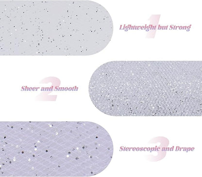 Glitter Tulle Rolls 6” by 50 Yards Sparkle Tulles Fabric Ribbon Sequin Tulle Netting Rolls for DIY Tutu Skirt Wedding Birthday Party Decoration (White/Silver-New)