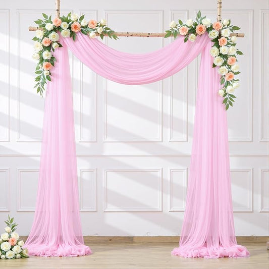 Wedding Arch Draping Fabric Backdrop 2 Panel 60" x 26Ft Pink Drapes Curtains for Wedding Reception Sheer Tulle Backdrop Curtain for Ceremony Birthday Party Baby Shower Arbor Ceiling Decorations