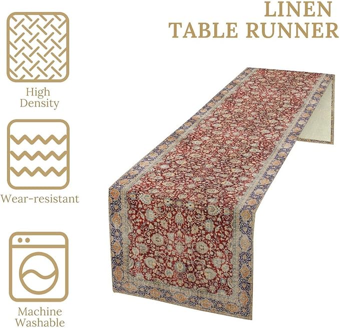 Boho Bohemia Style Table Runner, Vintage Red Blue Retro Flower Rustic Country Style Floral Print Pattern for Home Kitchen Table Decor Dining Coffee Room Garden Party Decor 13x60in
