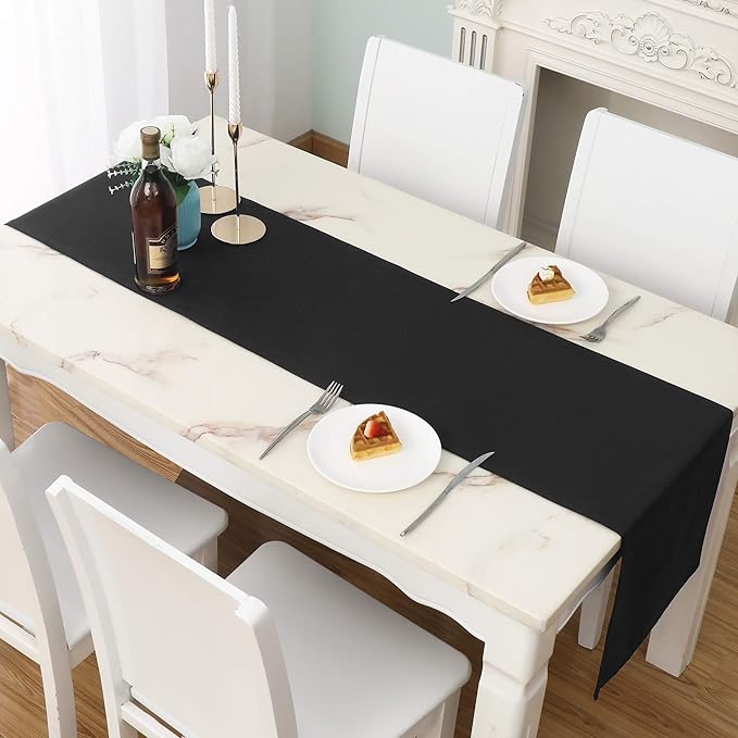 DUALIFE Jet Black Table Runner 14x72 inch Solid Color Thick Polyester Decorative Cloth Handcrafted for Wedding Party Birthday Graduations Banquet,Restaurant & Outdoors 1 Piece