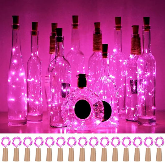 Wine Bottle Lights with Cork 15Pack 10 LED 40 Inches Battery Operated Silver Wire Liquor Fairy Mini String Lights for Party Christmas Halloween Wedding Decoration (Pink)