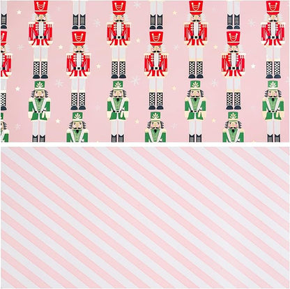LeZakaa Christmas Pink Wrapping Paper Mini Roll for Kids, Pink Metallic Foil Gift Wrap Paper with Red & Green Nutcracker Soldier & Stripe Reversible Design, 17 inches x 32.8 Feet