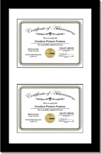 Creative Picture Frames 14X24Bk-W Black Vertical Double Diploma Frame With 2 Opening White Mat, Holds 2-10X12-Inch Documents With Wall Hanger