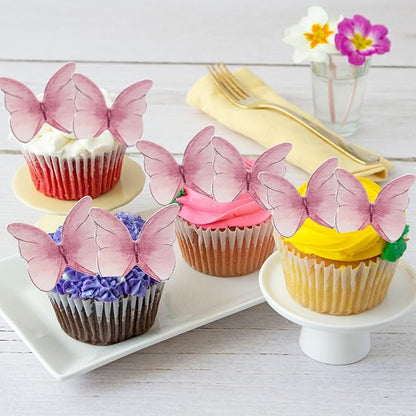 Ephlyn 48Pcs Edible Butterfly Cupcake Toppers Cute 3D Butterfly Cake Picks for Butterfly Theme Baby Shower Bridal Shower Boys Girls Birthday Party Cake Decorations Supplies Pink
