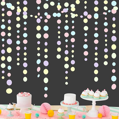 Pastel Party Decorations Blue Purple Pink Yellow Green Circle Dots Garland Hanging Paper Polka Dot Streamer for Birthday Baby Shower Wedding Bridal Shower Macaron Spring Easter Party Supplies