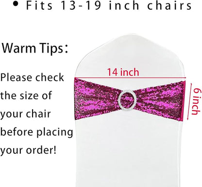 25 Pcs Sequin Chair Sashes Stretch Chair Bands Spandex Polyester Bows for Party Hotel Wedding Banquets Decoration - Magenta