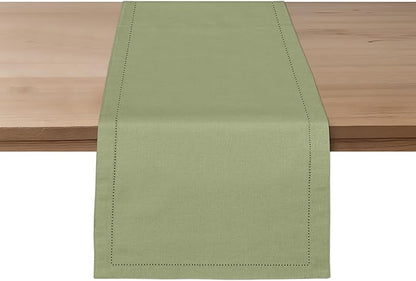 Ruvanti Linen Table Runner 108 Inches, Classic Hemstitch, Washable, Reusable, Non-Slipping, Stain Resistant- Perfect for Parties, Weddings, Dinners, Thanksgiving, Christmas, Indoor use – Olive