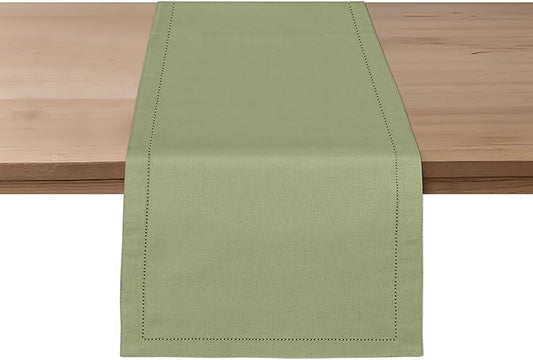 Ruvanti Linen Table Runner 108 Inches, Classic Hemstitch, Washable, Reusable, Non-Slipping, Stain Resistant- Perfect for Parties, Weddings, Dinners, Thanksgiving, Christmas, Indoor use – Olive