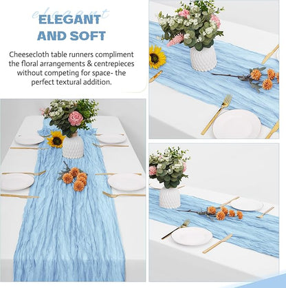 Aktor 4 Pack Light Blue Table Runner Boho Cheesecloth Table Runner Semi Sheer Gauze Fabric Runners for Wedding Birthday Baby Shower Party Boho Table Decoration（Light Blue）