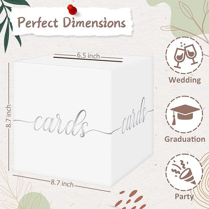 QIKSION White Wedding Card Box, Silver Foil Gift Card Box for Party, Wedding Reception, Graduation, Birthday, Baby Shower, Raffle